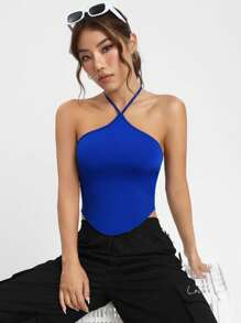 SHEIN EZwear Áo khoác và áo lót dành cho xe tăng nữ Lộ Lưng Buộc lại Bất đối xứng màu trơn Giải trí - Màu xanh lam - Xem 3
