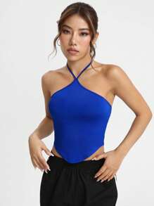 SHEIN EZwear Áo khoác và áo lót dành cho xe tăng nữ Lộ Lưng Buộc lại Bất đối xứng màu trơn Giải trí - Màu xanh lam - Xem 5