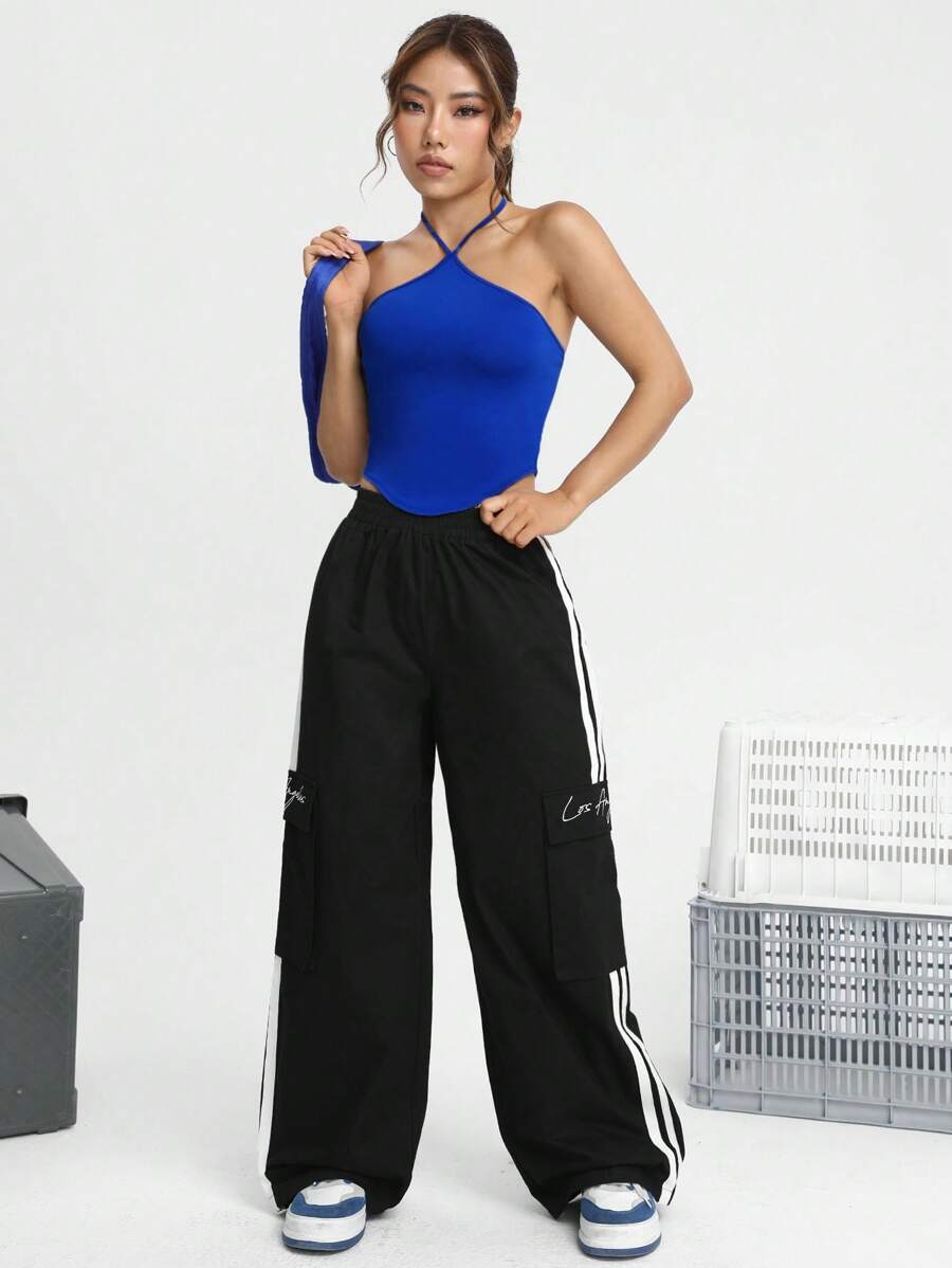 SHEIN EZwear Áo khoác và áo lót dành cho xe tăng nữ Lộ Lưng Buộc lại Bất đối xứng màu trơn Giải trí - Màu xanh lam - Xem 1