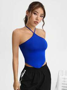 SHEIN EZwear Áo khoác và áo lót dành cho xe tăng nữ Lộ Lưng Buộc lại Bất đối xứng màu trơn Giải trí - Màu xanh lam - Xem 6