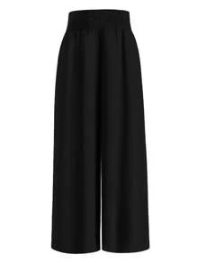 SHEIN LUNE Pantalones de pierna ancha unicolor de cintura fruncido - Negro - Ver 1