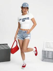 SHEIN EZwear 字母圖案短款T恤 - 白色 - 查看 3