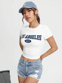 SHEIN EZwear 字母圖案短款T恤 - 白色 - 查看 4