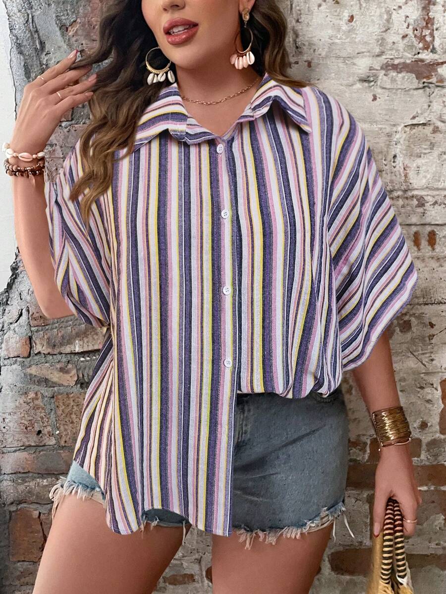 SHEIN LUNE Plus Striped Print Batwing Sleeve Shirt - Multicolor - View 1