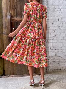 SHEIN VCAY 滿版印花泡泡袖荷葉邊洋裝不附腰帶 - 彩色 - 查看 2