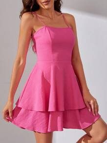 SHEIN Tall Đầm Lộ Lưng Viên lá sen Buộc lại phân lớp màu trơn Gợi cảm - Hồng - Xem 5