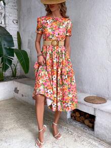 SHEIN VCAY 滿版印花泡泡袖荷葉邊洋裝不附腰帶 - 彩色 - 查看 6