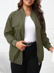SHEIN LUNE Plus Solid Zip Up Bomber Jacket Fall Winter Cloth For Women Autumn