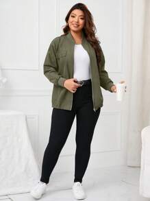 SHEIN LUNE Plus Solid Zip Up Bomber Jacket Fall Winter Cloth For Women Autumn