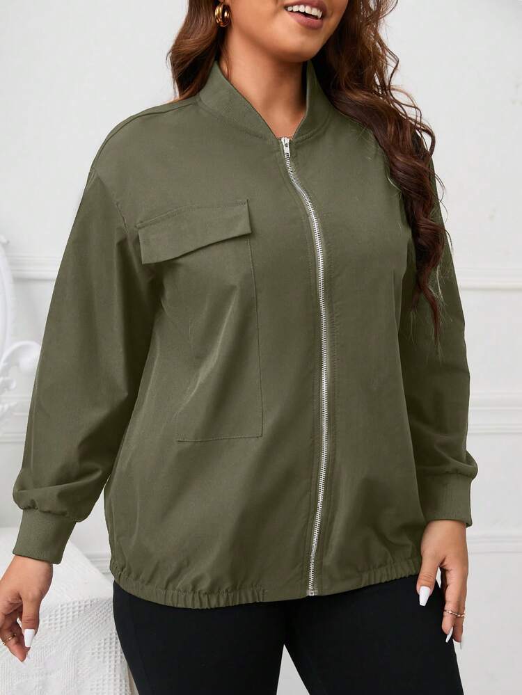 Plus Solid Zip Up Bomber Jacket Fall Winter Cloth For Women Autumn
