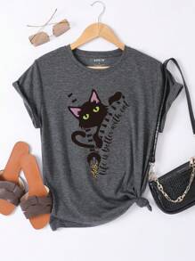 SHEIN LUNE Áo thun nữ Hoạt hình Lá thư Giải trí - Màu xám đen - Xem 1