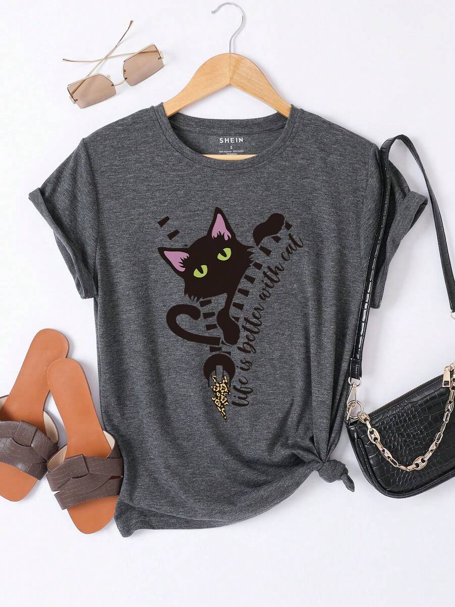 SHEIN LUNE Áo thun nữ Hoạt hình Lá thư Giải trí - Màu xám đen - Xem 1