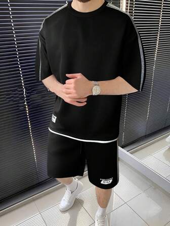 Manfinity Hypemode 男士字母貼布落肩T恤和短褲