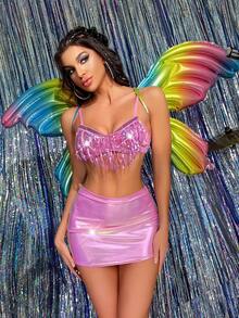 Sequin Fringe Trim With Skirt - Pink - View 4