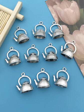 10入組/套復古鋅合金銀茶壺水壺DIY吊墜適用於耳環項鍊製作配件