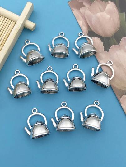 10入組/套復古鋅合金銀茶壺水壺DIY吊墜適用於耳環項鍊製作配件