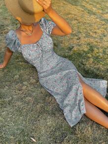 Breezaya 碎花印花结饰前开衩大腿长裙度假海滩装女款 - 霧霾藍 - 查看 1