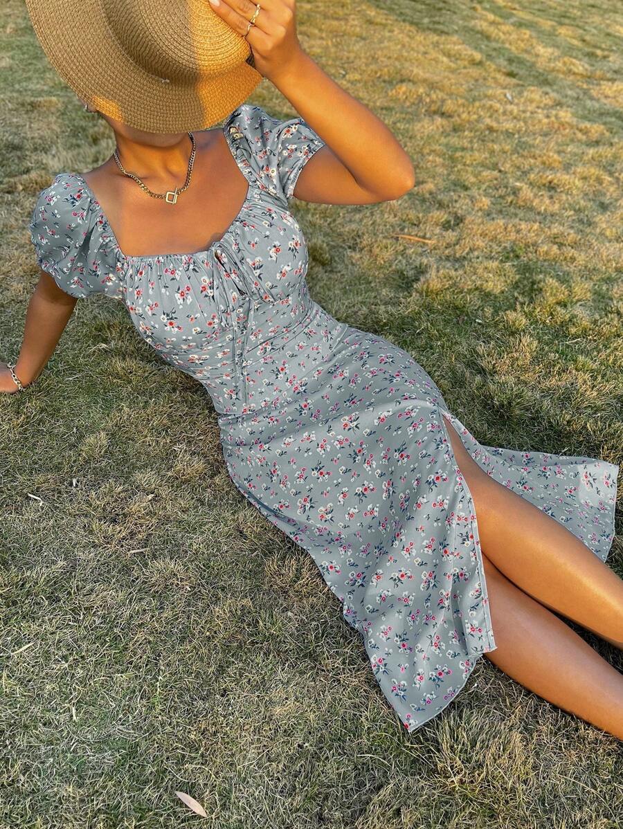 Breezaya 碎花印花结饰前开衩大腿长裙度假海滩装女款 - 霧霾藍 - 查看 1