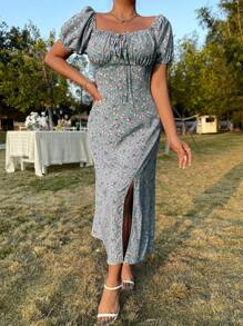 Breezaya 碎花印花结饰前开衩大腿长裙度假海滩装女款 - 霧霾藍 - 查看 3