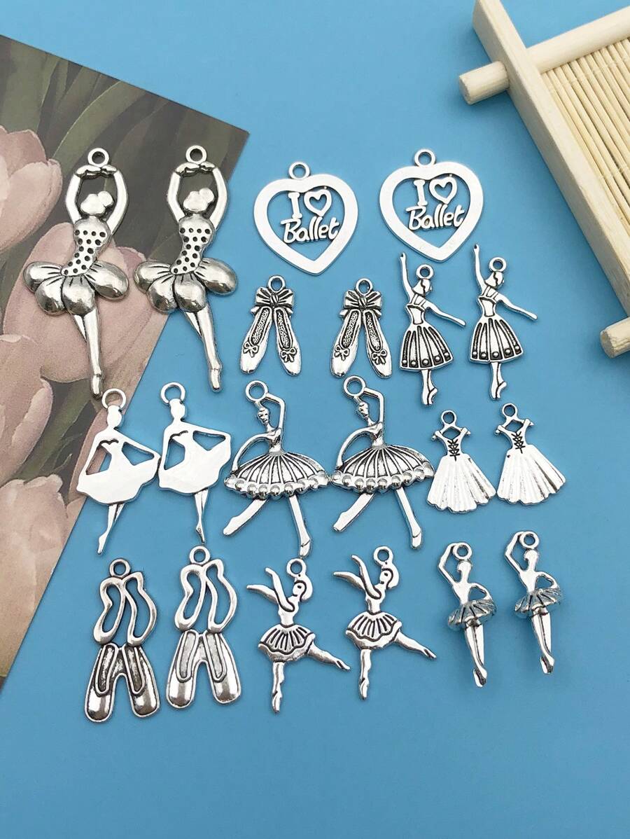 20入組/套古董銀顏色鋅合金芭蕾舞女演員女孩舞鞋DIY吊墜適用於耳環項鍊製作配件 - 銀色 - 查看 1
