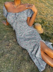 Breezaya 碎花印花结饰前开衩大腿长裙度假海滩装女款 - 霧霾藍 - 查看 6