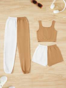 SHEIN Teen Girls Solid Tank Top & Two Tone Sweatpants & Shorts - Multicolor - View 2
