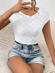 SHEIN Frenchy Áo thun nữ Lộ Lưng Buộc lại Tranh thêu màu trơn Gợi cảm - trắng - Xem 2