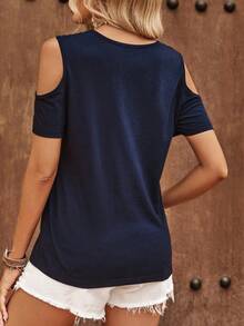 SHEIN LUNE Áo thun nữ Tương phản ren Khối Màu Giải trí - Màu xanh hải quân - Xem 2