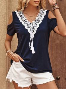 SHEIN LUNE Áo thun nữ Tương phản ren Khối Màu Giải trí - Màu xanh hải quân - Xem 3