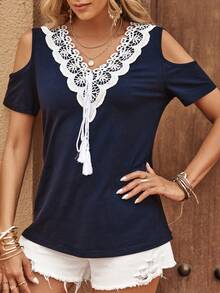 SHEIN LUNE Áo thun nữ Tương phản ren Khối Màu Giải trí - Màu xanh hải quân - Xem 5