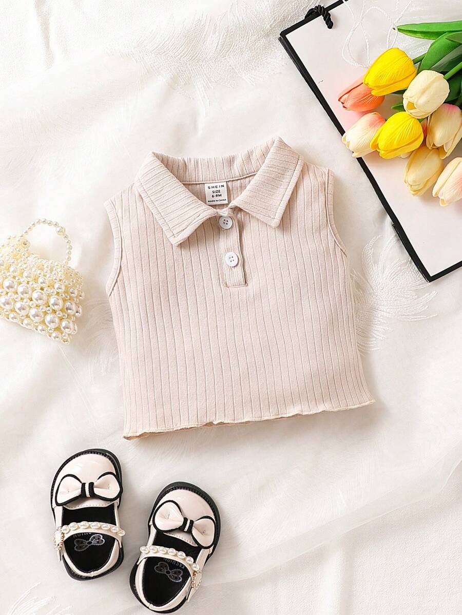 Tops em bé Xù nhỏ Gân đan Nút phía trước màu trơn - Màu be - Xem 1