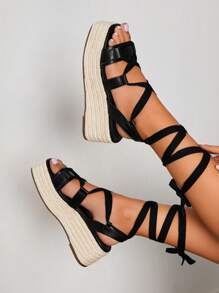 Styleloop Giày Nữ Dây Buộc Chân Thiết Kế Quai Quai, Kỳ Nghỉ Màu Đen Nêm Xăng Đan Cho Kỳ Nghỉ Hè Giày Giảm Giá Mùa Hè Boho Feels - màu đen - Xem 5