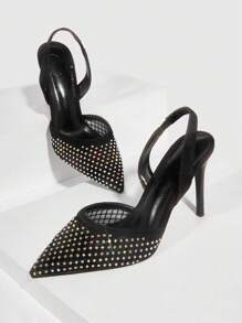 女性水鑽裝飾露跟細跟網紗魅力四射露跟鞋黑色 - 黑色 - 查看 1