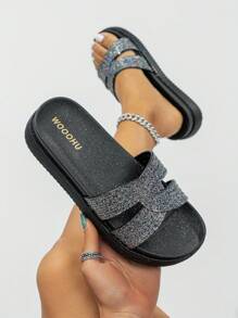 Women Glitter Slides, PVC Fashion Slides - Black - View 2