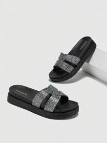 Women Glitter Slides, PVC Fashion Slides - Black - View 4