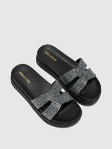 Women Glitter Slides, PVC Fashion Slides - Black - View 6