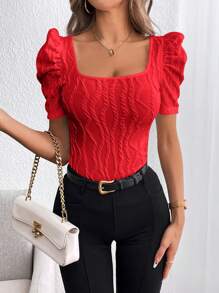 SHEIN Privé 方領泡泡袖T恤 - 紅色 - 查看 3