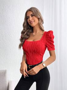 SHEIN Privé 方領泡泡袖T恤 - 紅色 - 查看 5