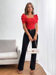 SHEIN Privé 方領泡泡袖T恤 - 紅色 - 查看 6