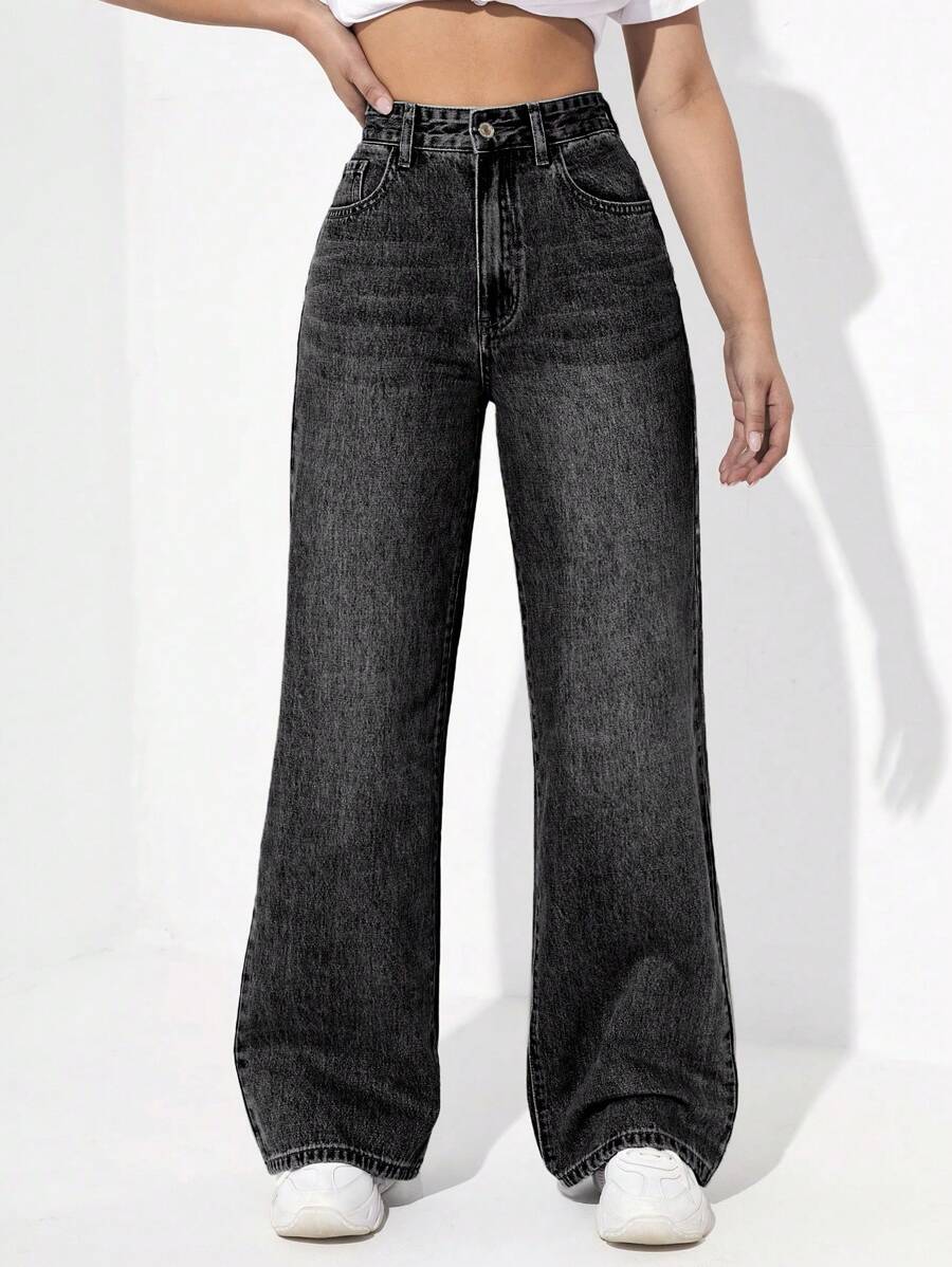 SHEIN EZwear Quần jean nữ Nút Túi Dây kéo màu trơn - màu đen - Xem 1