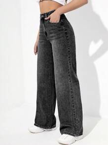 SHEIN EZwear Quần jean nữ Nút Túi Dây kéo màu trơn - màu đen - Xem 3