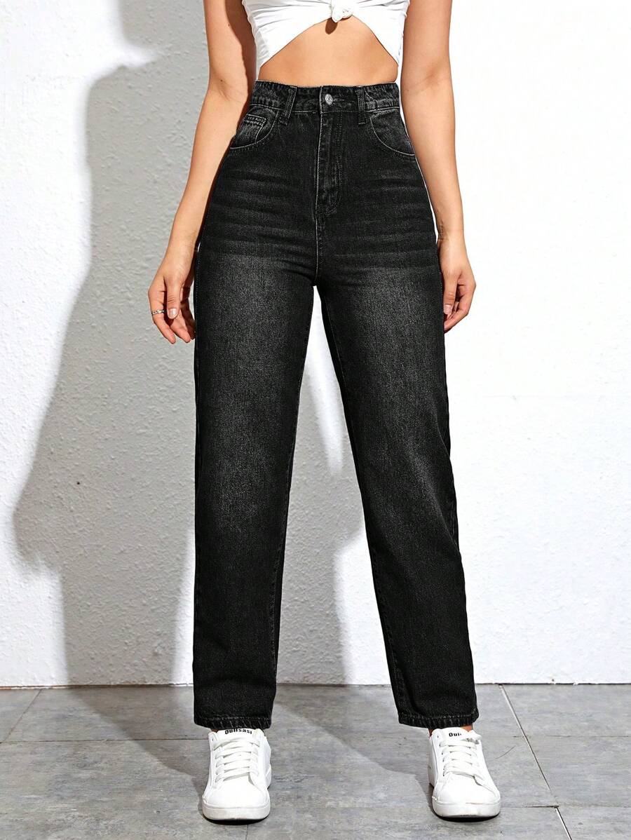 SHEIN EZwear Quần jean nữ Nút Túi Dây kéo màu trơn - màu đen - Xem 1