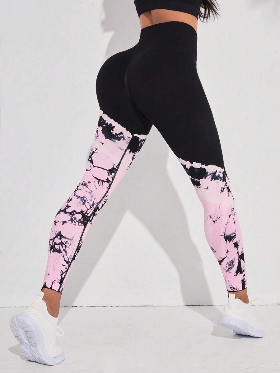 Yoga Trendy Tie Dye Wideband Waist Sports Leggings - Multicolor - View 1