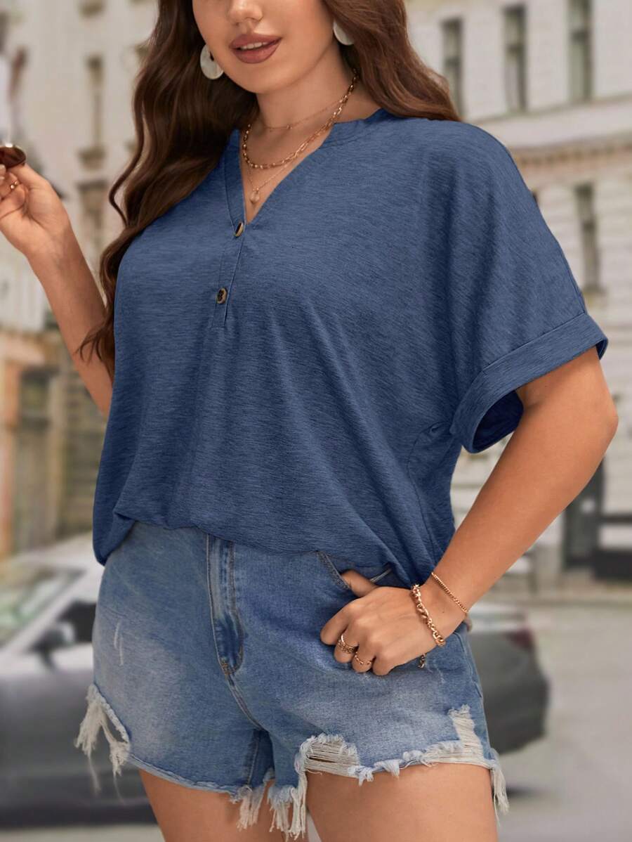 SHEIN LUNE Plus Notched Neck Batwing Sleeve Half Button Tee - Navy Blue - View 1