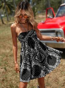 SHEIN VCAY Scarf Print Tie Back Halter Dress - Black and White - View 5