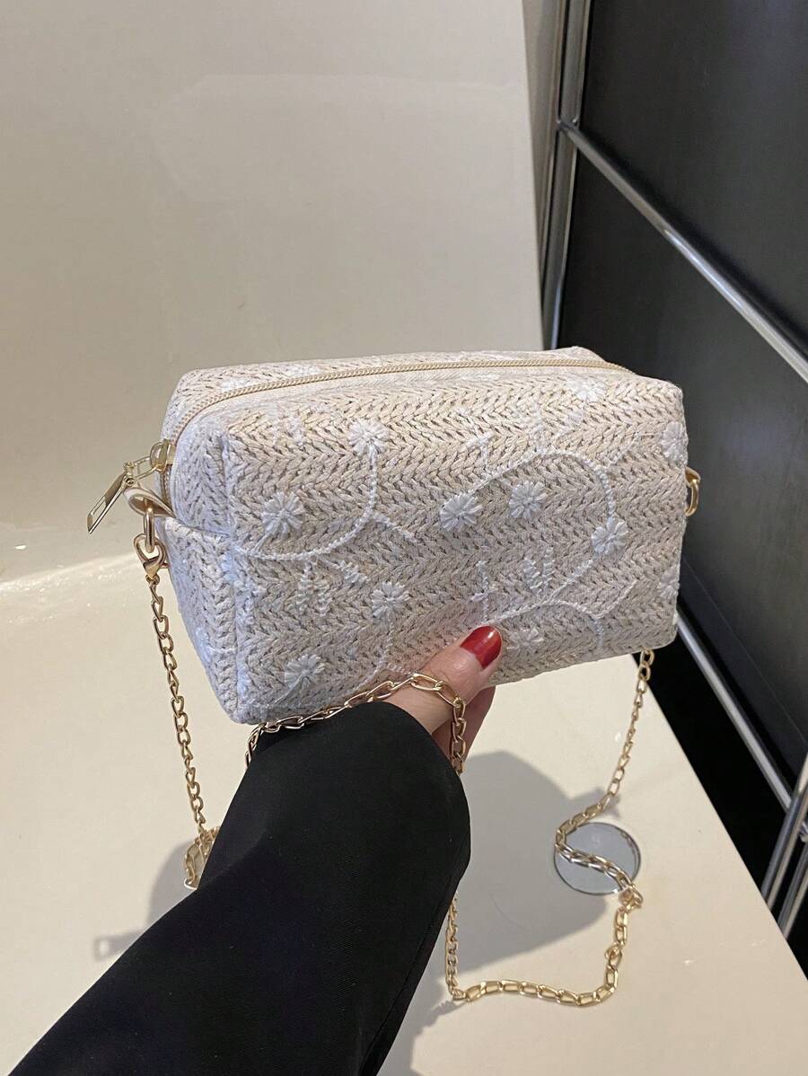 Dây đeo chuỗi thiết kế thêu hoa túi rơm nhỏ - Màu be - Xem 1