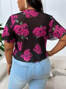 SHEIN LUNE Plus Floral Print Tie Front Asymmetrical Hem Top - Black - View 2