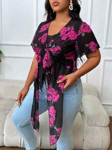 SHEIN LUNE Plus Floral Print Tie Front Asymmetrical Hem Top - Black - View 5