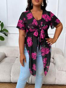 SHEIN LUNE Plus Floral Print Tie Front Asymmetrical Hem Top - Black - View 6