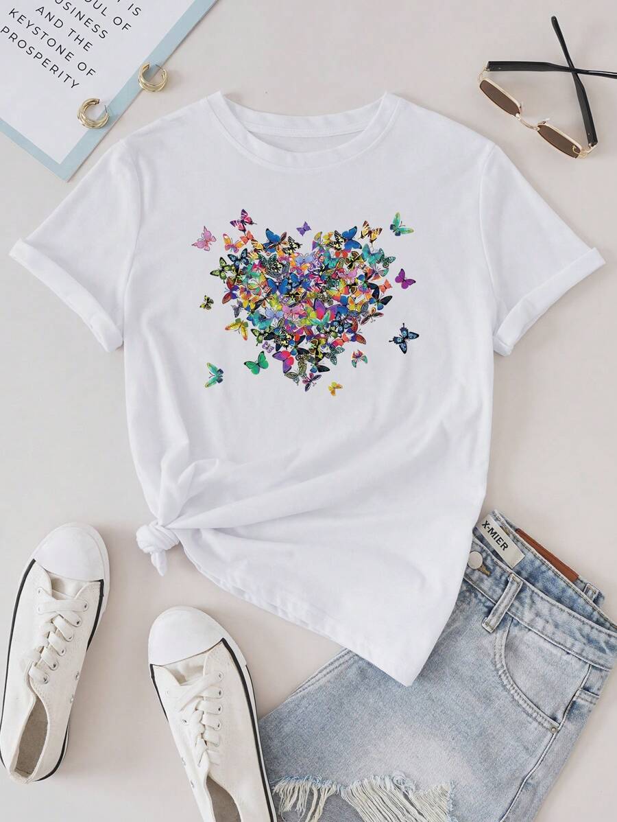 SHEIN LUNE Butterfly Print Tee - White - View 1